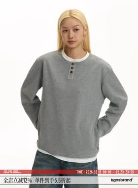 TGNS潮牌美式复古假两件亨利领长袖t恤男春季内搭华夫格上衣外套