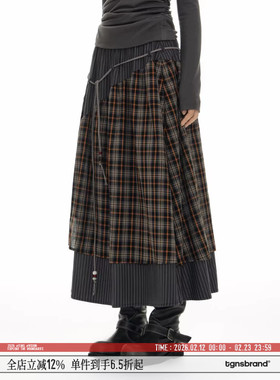 TGNS串珠不规则拼接格纹半身裙春季小众设计感复古伞裙格子长裙子