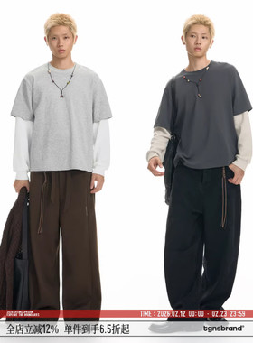 TGNS复古撞色假两件长袖t恤男春季拼接宽松灰色圆领百搭叠穿上衣