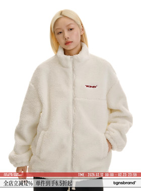 周也同款TGNS仿羊羔绒厚外套女冬季情侣装白色仿羊羔毛夹克外套男