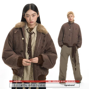 TGNS仿羊羔毛翻领厚条纹外套女生冬季 复古休闲上衣 保暖棉衣男美式