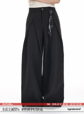 TGNS褶皱老钱风黑色西装裤女春立体垂感拖地西裤男低腰阔腿长裤子