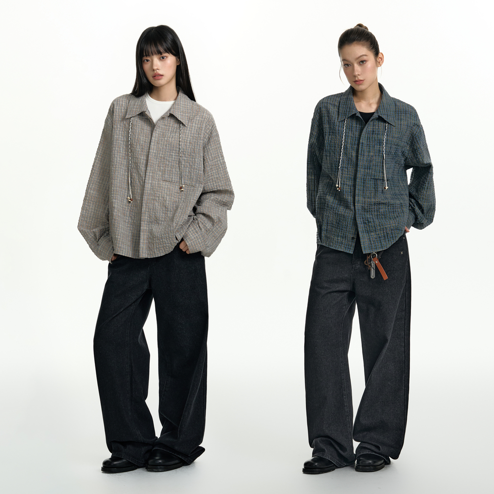 TGNS肌理感格纹衬衫女秋季美式复古格子衬衣男生长袖设计感外套