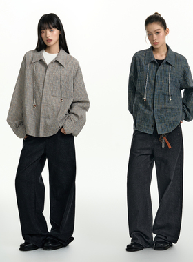 TGNS肌理感格纹衬衫女秋季美式复古格子衬衣男生长袖设计感外套