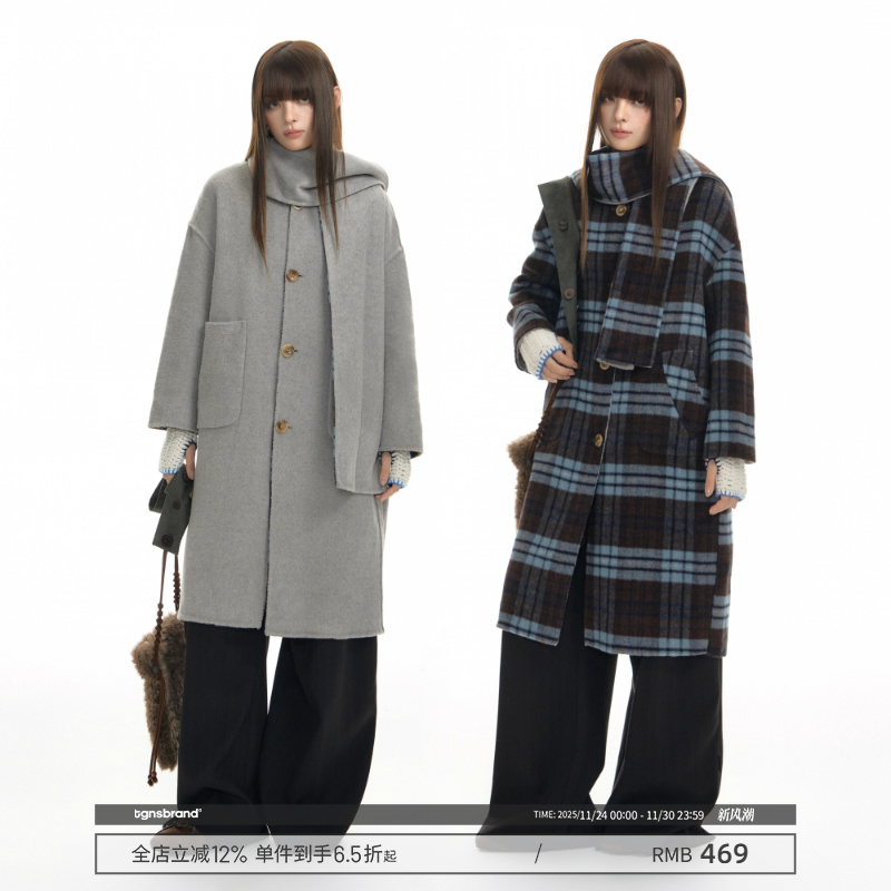 TGNS格纹围巾双面穿大衣毛呢外套