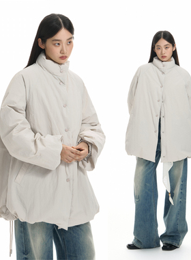 TGNS中长款抽绳花苞棉服女冬季慵懒风保暖棉衣设计感立领防风外套