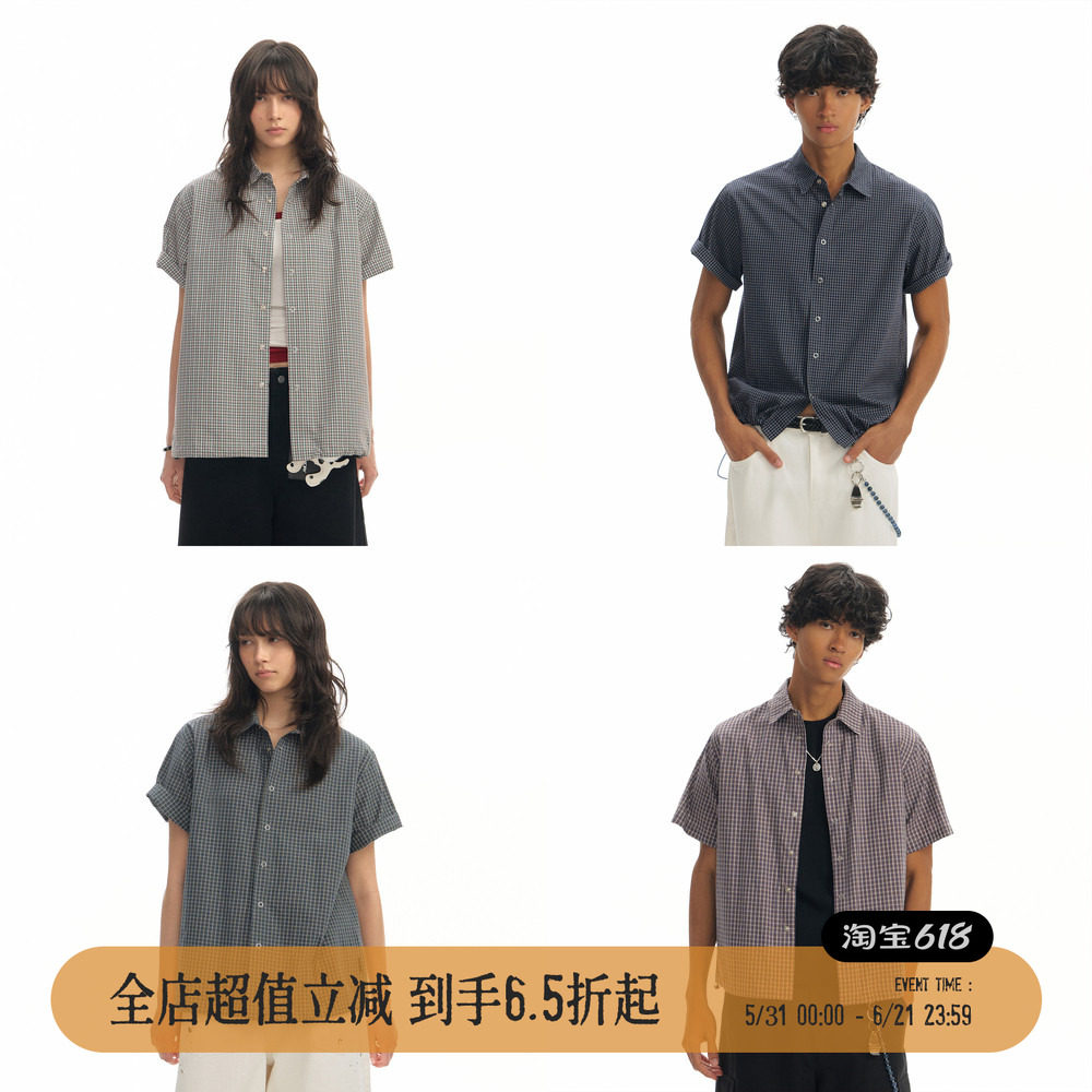 TGNS正肩格子短袖衬衫男女同款修身显瘦格纹半袖衬衣复古休闲上衣