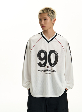 颜安同款TGNS美式Blokecore网面球衣t恤男秋季复古运动长袖上衣女