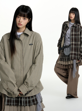【双面穿】TGNS格子衬衫女设计感长袖格纹衬衣男美式复古宽松外套