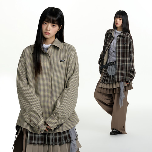 【双面穿】TGNS格子衬衫女设计感长袖格纹衬衣男美式复古宽松外套