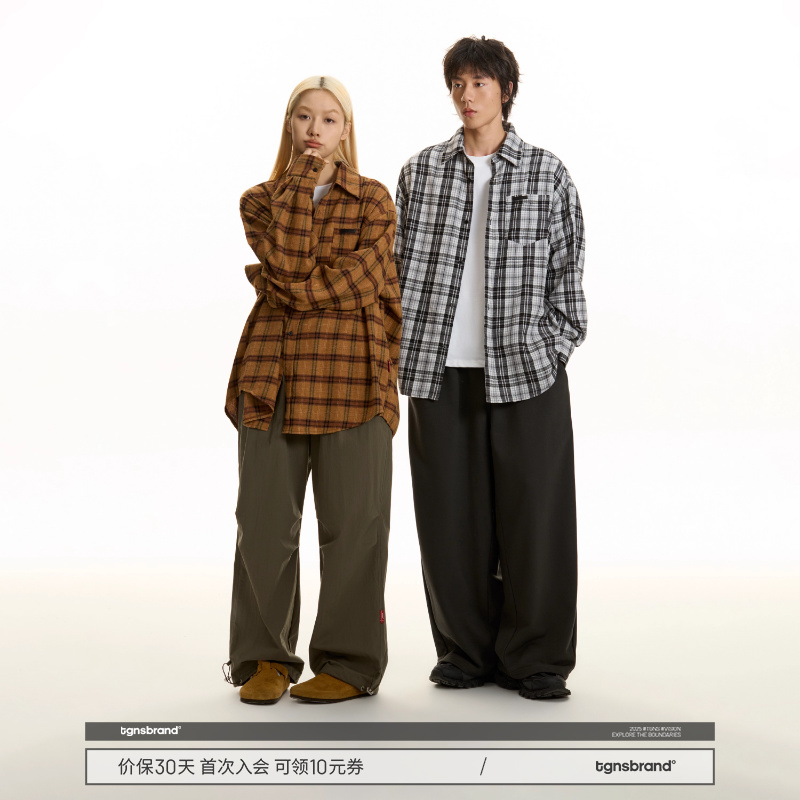 TGNS美式姜黄色磨毛格子衬衫男长袖复古格纹衬衣女休闲上衣外套