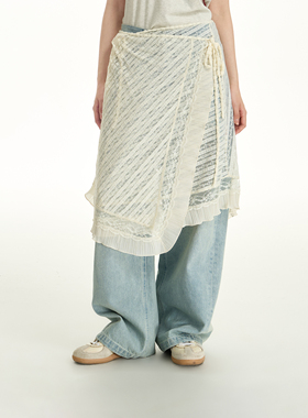 TGNS设计感叠穿屁帘一片式不规则网纱透视蕾丝半身裙新款外搭罩裙