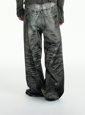 TGNS3d打印牛仔裤男设计感数码印花长裤美式宽松阔腿链条女生裤子