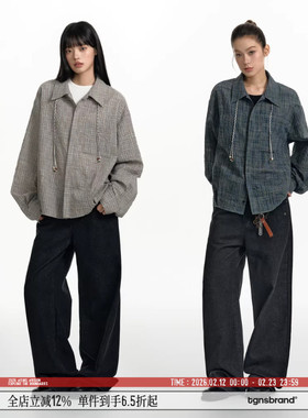 TGNS肌理感格纹衬衫女春季美式复古格子衬衣男生长袖设计感外套