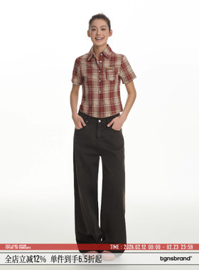 TGNS潮牌蓝色轻薄格子衬衫夏季美式复古宽松气质短袖百搭情侣外套