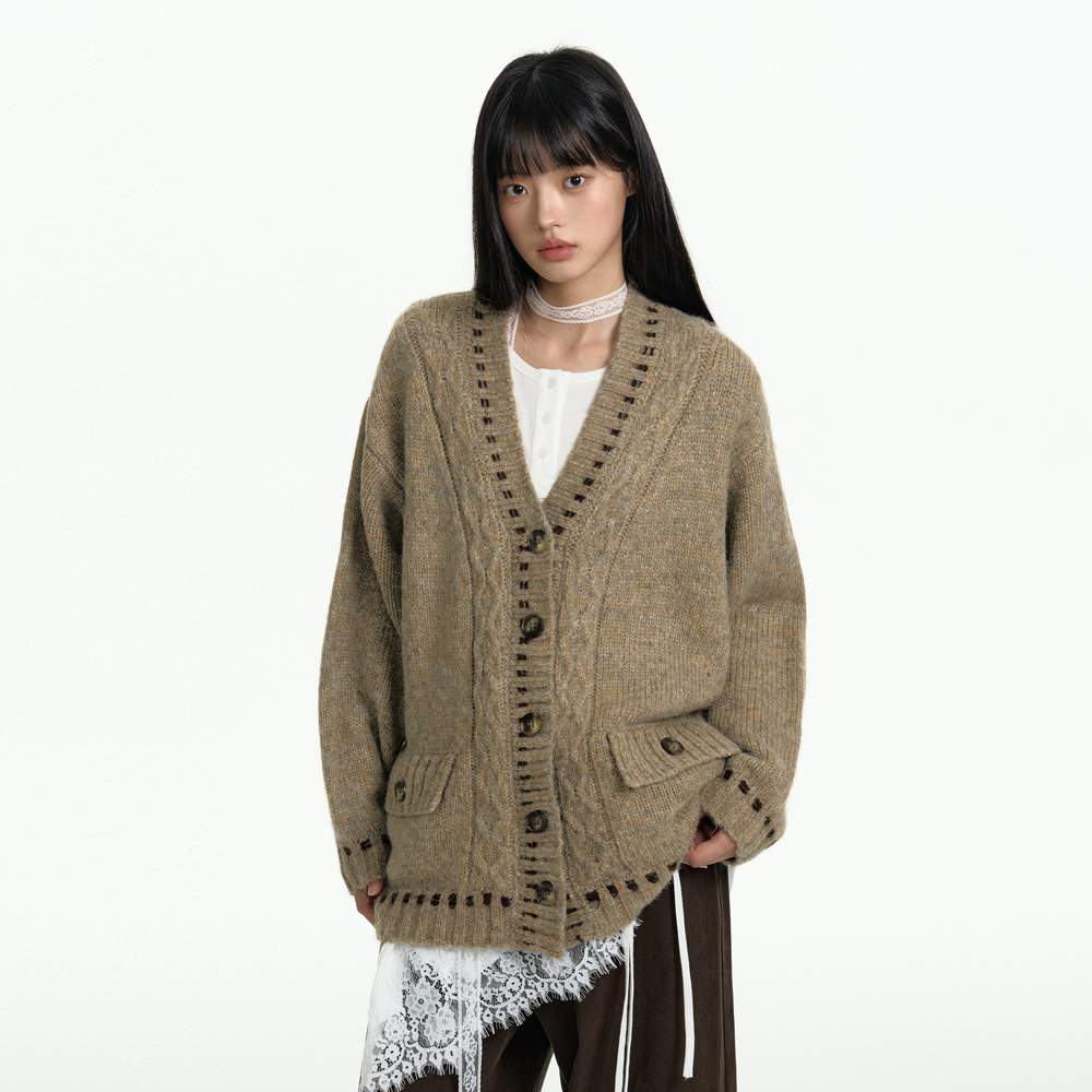 TGNS咖色麻花编绳毛衣开衫女秋季