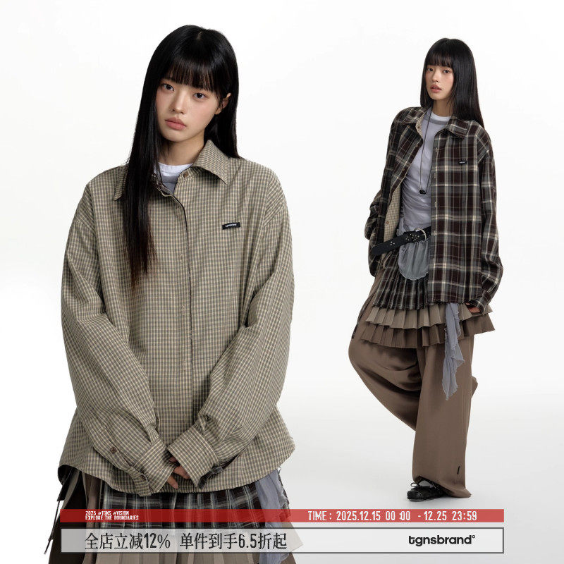 【双面穿】TGNS格子衬衫女设计感长袖格纹衬衣男美式复古宽松外套