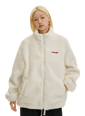 周也同款TGNS仿羊羔绒厚外套女冬季情侣装白色仿羊羔毛夹克外套男