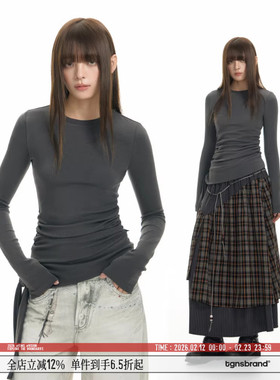 TGNS侧系带褶皱打底衫上衣女春季内搭收腰设计感修身圆领针织长袖