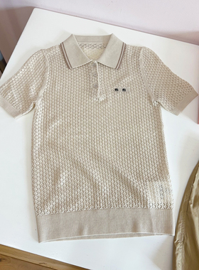 NGRM 100%纯棉线~赵今麦同款缪系学院风修身镂空针织polo领短袖女