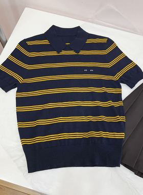 NGRM 70%羊绒30%桑蚕丝~王心凌同款缪系polo领针织短袖条纹上衣女