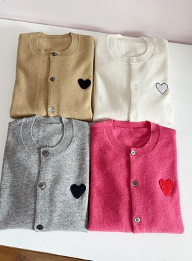 NGRM 100%纯羊毛~日系经典爱心刺绣针织开衫圆领薄款毛衣外套女