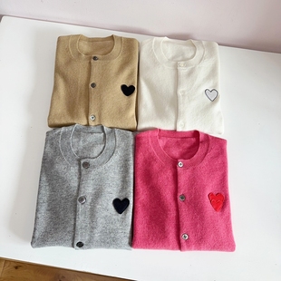 NGRM 100%纯羊毛~日系经典爱心刺绣针织开衫圆领薄款毛衣外套女