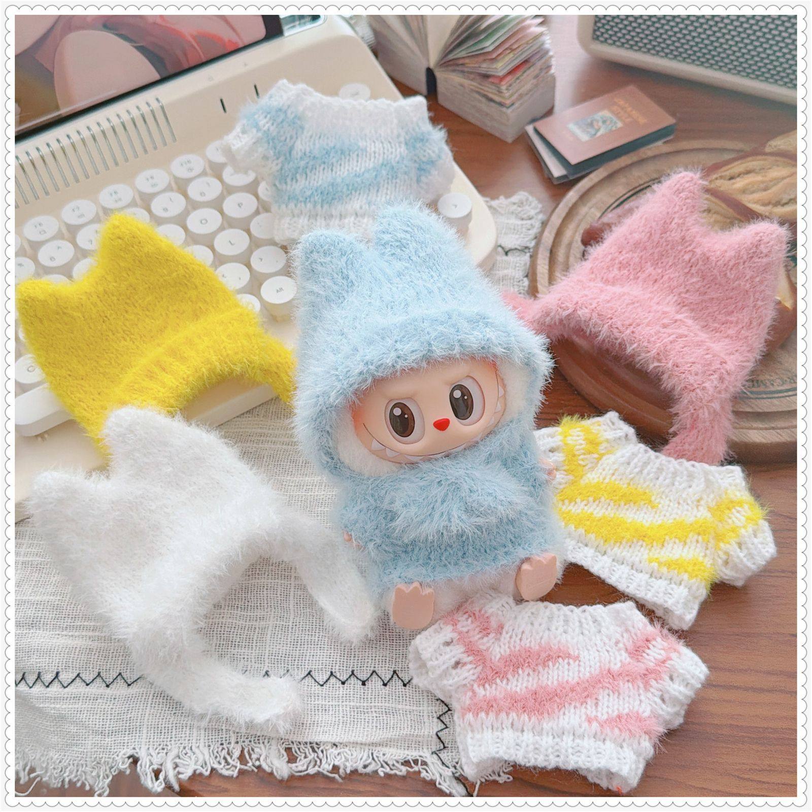 一二三代labubu17cm拉布布坐坐派对娃衣仿貂毛猫耳朵帽子围巾毛衣