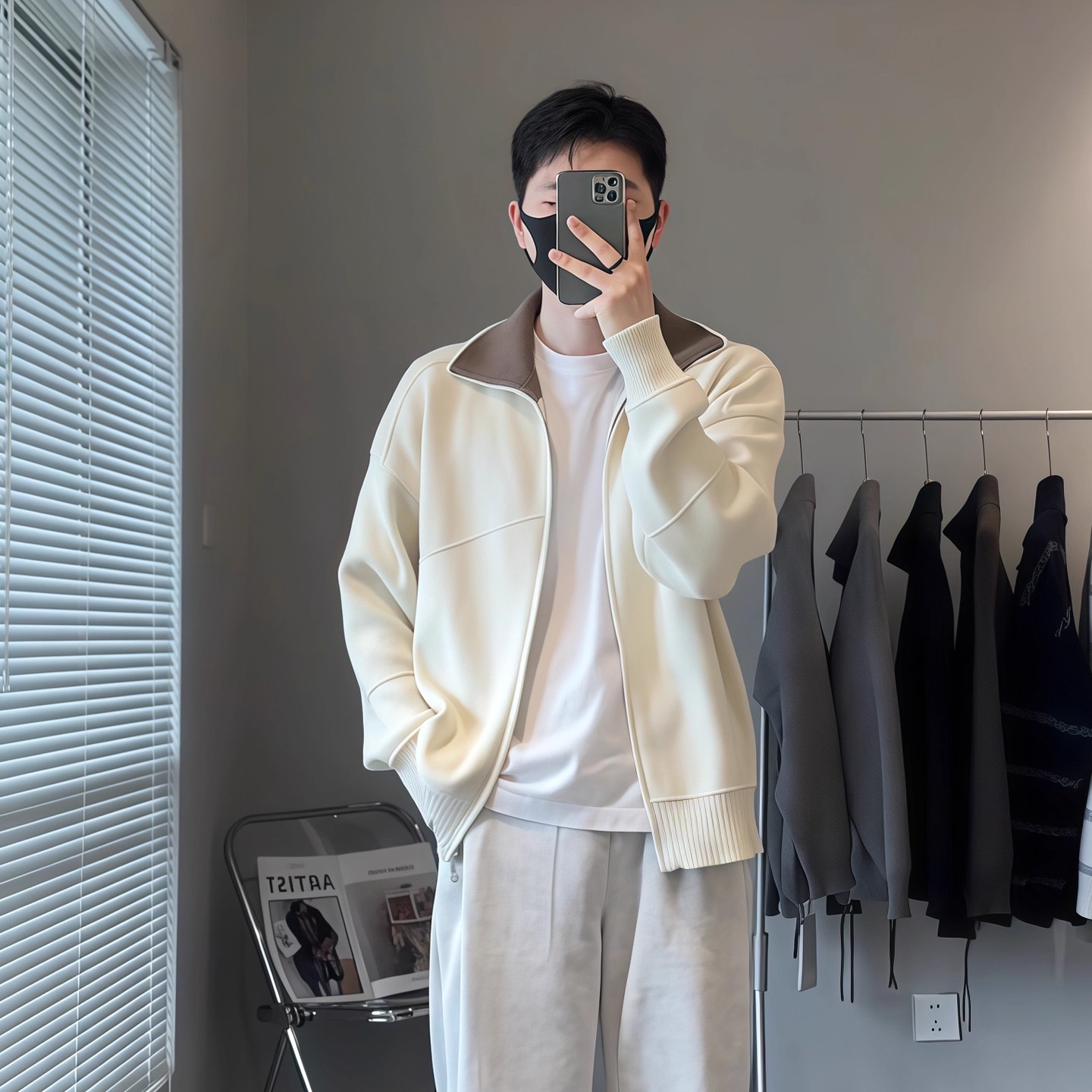 高级感撞色领拉链开衫毛衣男