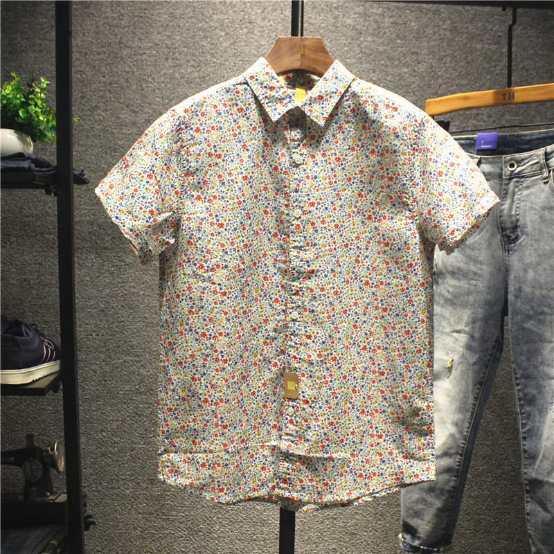 中国风碎花短袖衬衫男夏季