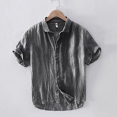 休闲青年透气宽松半袖 日系复古压皱短袖 夏季 男士 棉麻衬衣 亚麻衬衫