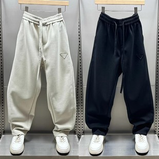 痞帅高级宽松阔腿直筒休闲裤 男士 子 潮牌卡其色垂感重磅弯刀裤 秋季