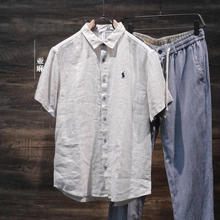 老钱风棉麻简约刺绣短袖衬衫男士夏季新款复古休闲翻领衬衣潮牌男