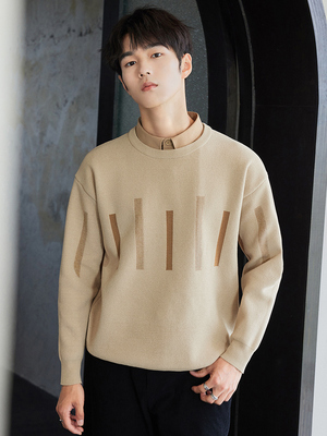 套头针织衬衫领假两件毛衣男