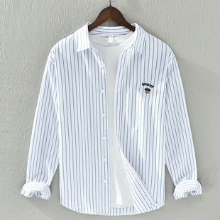 春秋上衣日系百搭宽松衬衣薄外套 男士 小清新文艺刺绣条纹长袖 衬衫