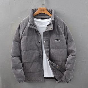 灯芯绒保暖短款面包服男士冬季复古休闲条绒宽松加厚羽绒棉衣外套