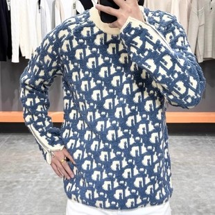 D家字母提花毛衣男士潮牌明星同款秋冬拉链袖休闲百搭圆领上衣潮