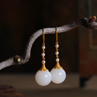 和田白玉圆珠长款 珍珠耳坠流苏耳环高级感白色圆形耳饰女
