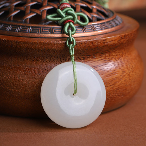 天然和田玉白玉平安扣精美高档双流苏纯手工编织挂件车挂包挂百搭