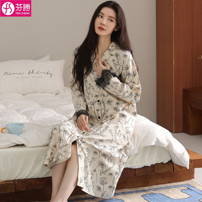 睡裙女款春秋季纯棉长袖2025新款女士秋天100%全棉中长款睡袍裙子