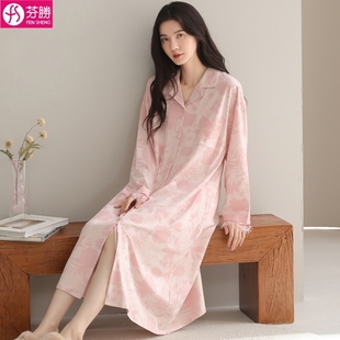 女士睡袍秋天全棉中长款 睡裙女款 2025新款 纯棉长袖 睡衣裙子 春秋季