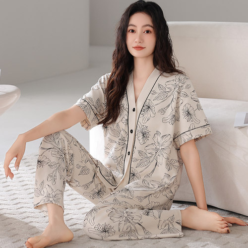100%纯棉睡衣女士夏季大码家居服