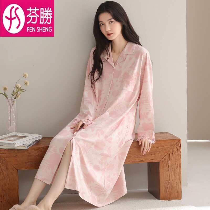 睡裙女款春夏季纯棉长袖中长款裙图片