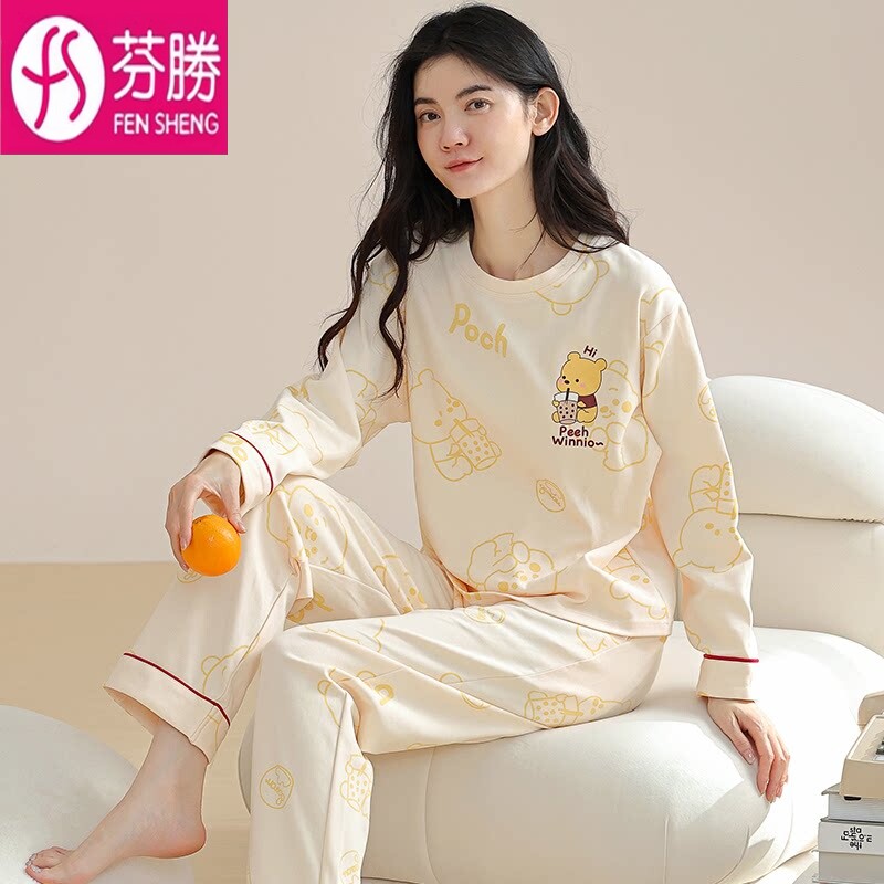 100%纯棉睡衣女春夏季长袖家居服图片