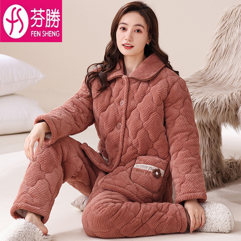 睡衣女款冬季三层夹棉加厚牛奶绒2025新款棉袄可外穿家居服网红款