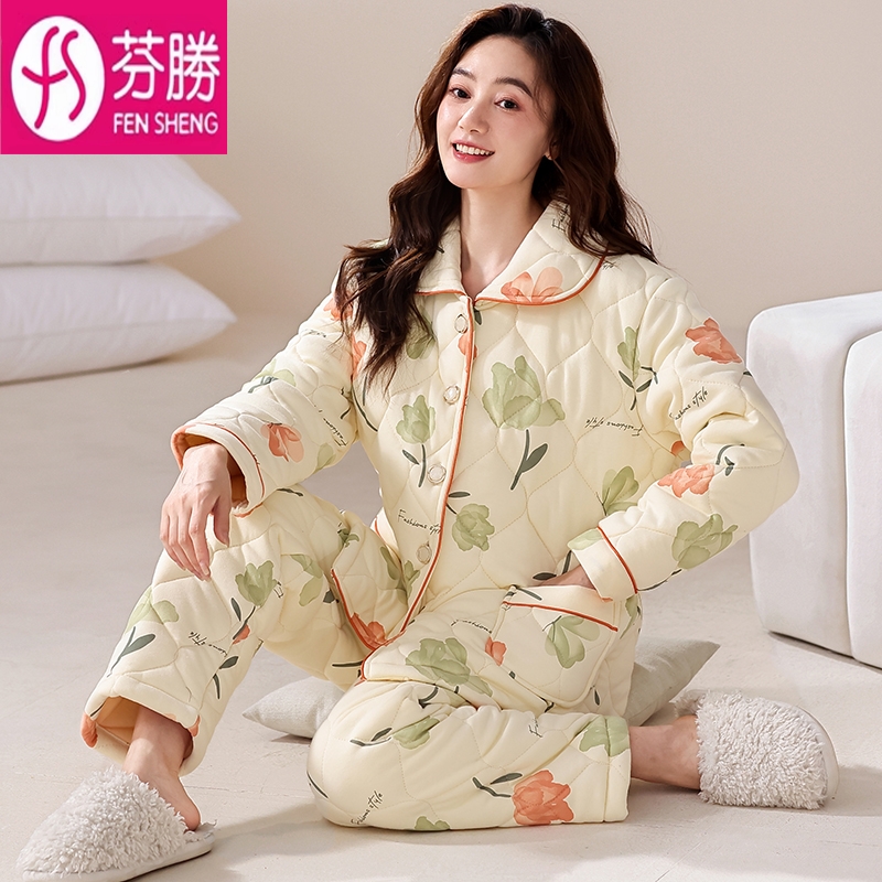 100%纯棉三层加厚夹棉女款睡衣冬