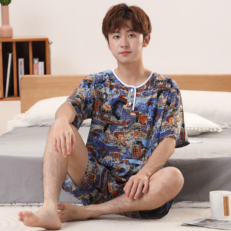 夏季棉绸睡衣套装男青少年薄款短袖大码男童青年学生人造棉家居服
