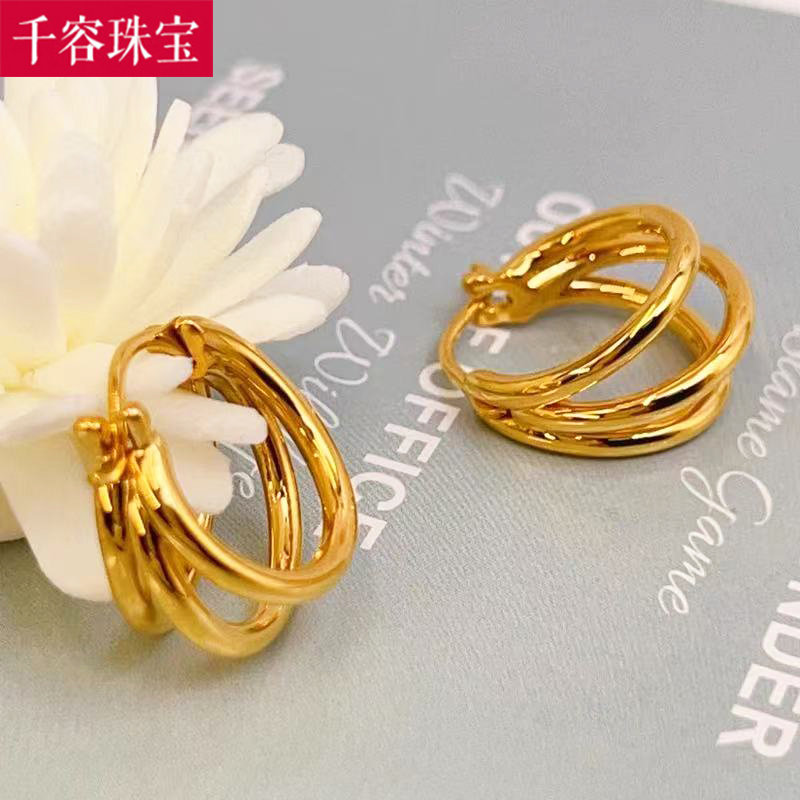 5D硬金黄金三爪耳环女999足金大气三圈耳环纯金气质耳饰送礼新款