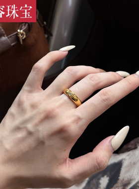 5D硬金黄金点钻四美戒指女999足金镶嵌时尚百搭指环食指戒送女友