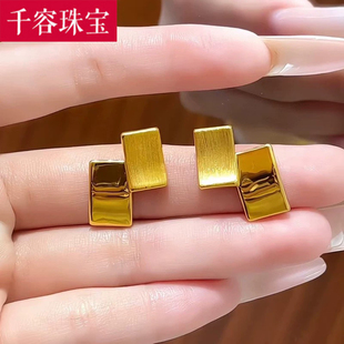 5D硬金黄金几何方块耳钉女999足金时尚耳环纯金耳饰送女友礼物